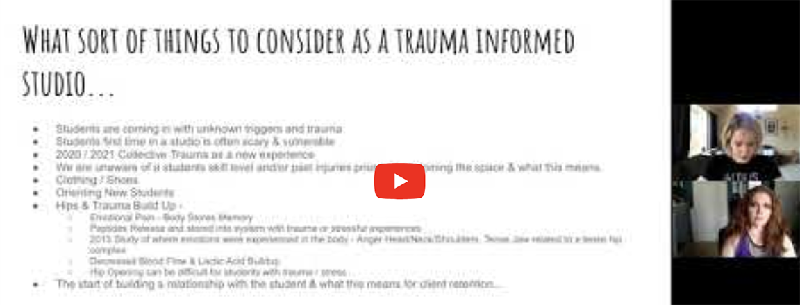 Video Capture of webinar with Colleen Jolly and Emily Aygun and text "What sort of things to consider as a trauma informed studio"