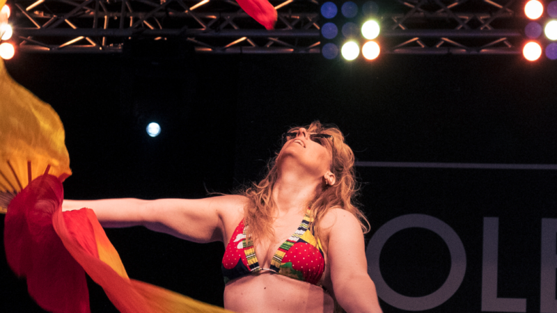 Performer On Stage With Fans.