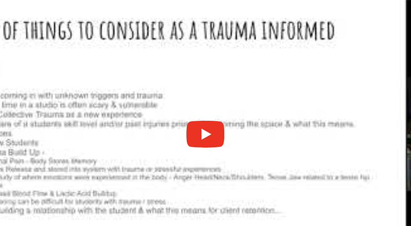 Video Capture Of Webinar With Colleen Jolly And Emily Aygun And Text "What Sort Of Things To Consider As A Trauma Informed Studio"