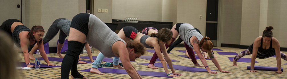 Group class stretches in downward dog yoga pose.