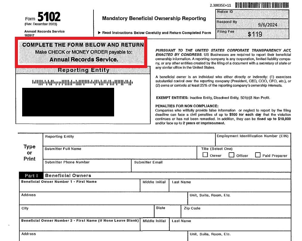Sample Scam image from the "Annual Records Service" which doesn't exist.